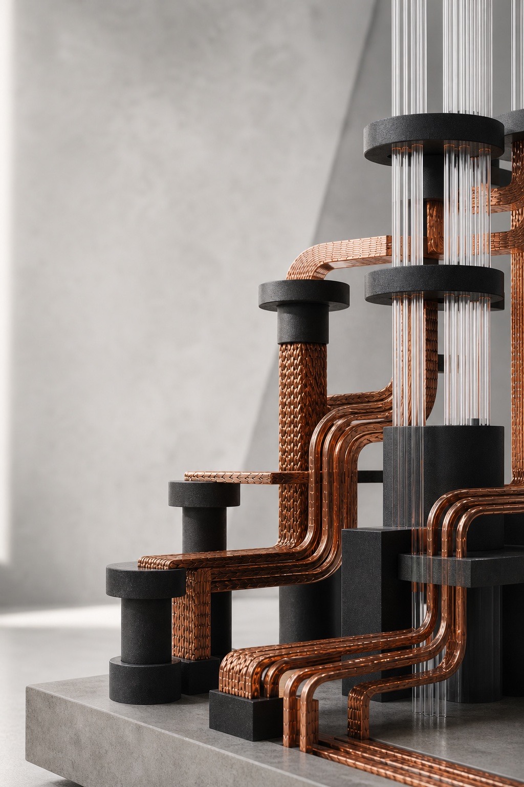 An abstract copper, glass and graphite infrastructure sculpture